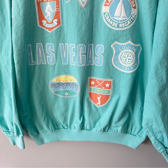 Vintage 90s Teal Graphic Pullover Las Vegas Travel Patch Collared Large - Picture 3 of 14